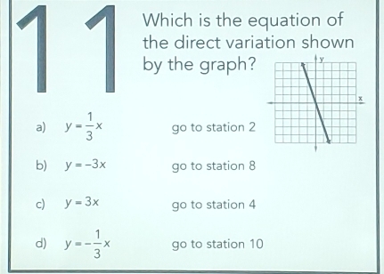 Which is the equation of
the direct variation shown
1 by the graph?
a) y= 1/3 x go to station 2
b) y=-3x go to station 8
c) y=3x go to station 4
d) y=- 1/3 x go to station 10