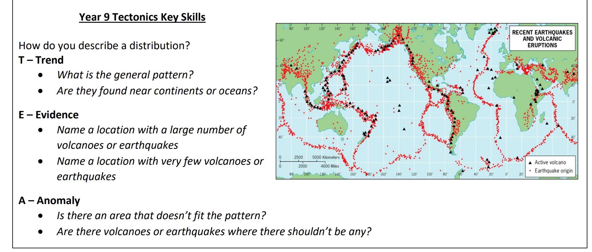 Year 9 Tectonics Key Skills 
How do you describe a distribution? 
T - Trend 
What is the general pattern? 
Are they found near continents or oceans? 
E - Evidence 
Name a location with a large number of 
volcanoes or earthquakes 
Name a location with very few volcanoes 
earthquakes 
A - Anomaly 
Is there an area that doesn’t fit the pattern? 
Are there volcanoes or earthquakes where there shouldn’t be any?