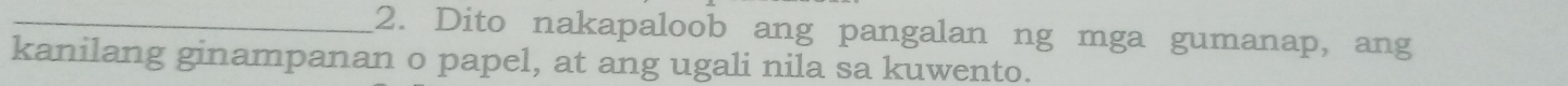 Dito nakapaloob ang pangalan ng mga gumanap, ang 
kanilang ginampanan o papel, at ang ugali nila sa kuwento.