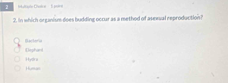 In which organism does budding occur as a method of asexual reproduction?
Bacteria
Elephant
Hydra
Humani