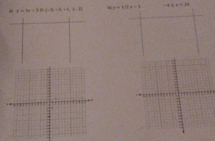 a y=3x-5D:(-5,-3,-1,1,2) b) y=1/2x-1 -4≤ x<10</tex>