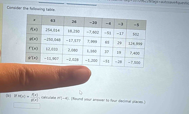 #109622 &tags=autosave#questio
Consider the following table.
(b) If H(x)= f(x)/g(x)  , calculate H'(-4). (Round your answer to four decimal places.)