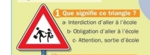 Que signifie ce triangle ?
a- Interdiction d'aller à l'école
b- Obligation d'aller à l'école
c- Attention, sortie d'école