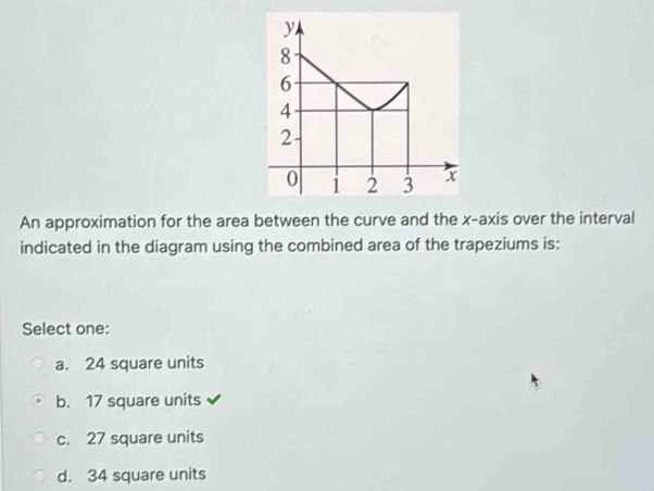 An approximation for the area between the curve and the x-axis over the interval
indicated in the diagram using the combined area of the trapeziums is:
Select one:
a. 24 square units
b. 17 square units
c. 27 square units
d. 34 square units