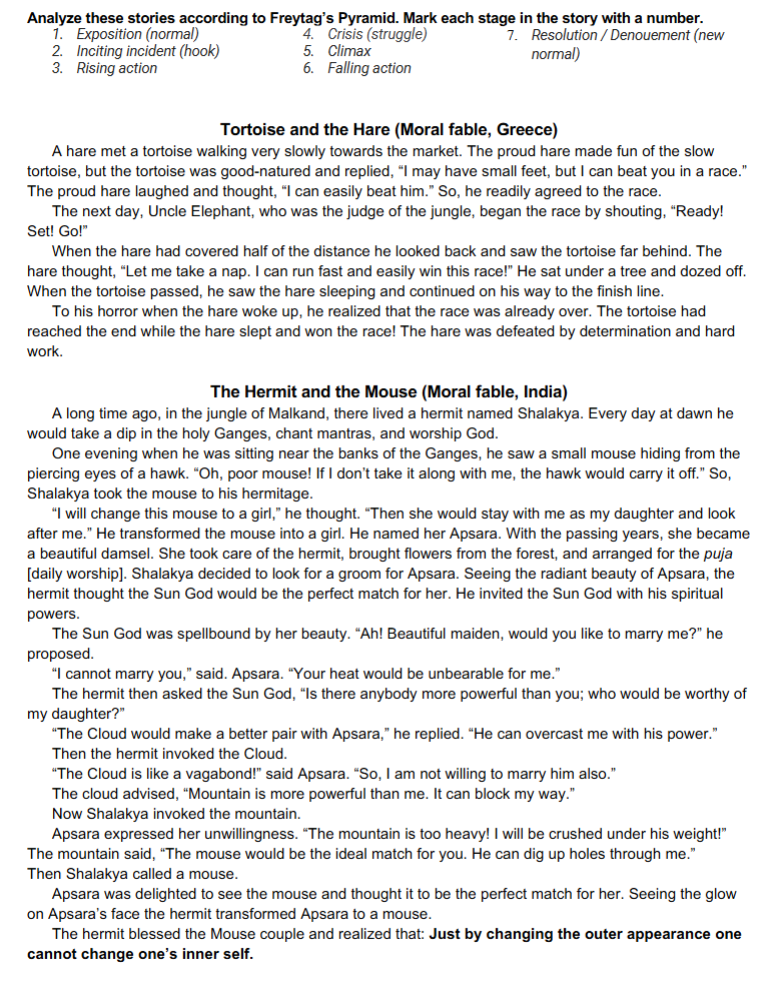 Analyze these stories according to Freytag's Pyramid. Mark each stage in the story with a number.
1. Exposition (normal) 4. Crisis (struggle) 7. Resolution / Denouement (new
2. Inciting incident (hook) 5. Climax normal)
3. Rising action 6. Falling action
Tortoise and the Hare (Moral fable, Greece)
A hare met a tortoise walking very slowly towards the market. The proud hare made fun of the slow
tortoise, but the tortoise was good-natured and replied, “I may have small feet, but I can beat you in a race.”
The proud hare laughed and thought, “I can easily beat him.” So, he readily agreed to the race.
The next day, Uncle Elephant, who was the judge of the jungle, began the race by shouting, “Ready!
Set! Go!"
When the hare had covered half of the distance he looked back and saw the tortoise far behind. The
hare thought, “Let me take a nap. I can run fast and easily win this race!” He sat under a tree and dozed off.
When the tortoise passed, he saw the hare sleeping and continued on his way to the finish line.
To his horror when the hare woke up, he realized that the race was already over. The tortoise had
reached the end while the hare slept and won the race! The hare was defeated by determination and hard
work.
The Hermit and the Mouse (Moral fable, India)
A long time ago, in the jungle of Malkand, there lived a hermit named Shalakya. Every day at dawn he
would take a dip in the holy Ganges, chant mantras, and worship God.
One evening when he was sitting near the banks of the Ganges, he saw a small mouse hiding from the
piercing eyes of a hawk. “Oh, poor mouse! If I don’t take it along with me, the hawk would carry it off.” So,
Shalakya took the mouse to his hermitage.
“I will change this mouse to a girl,” he thought. “Then she would stay with me as my daughter and look
after me." He transformed the mouse into a girl. He named her Apsara. With the passing years, she became
a beautiful damsel. She took care of the hermit, brought flowers from the forest, and arranged for the puja
[daily worship]. Shalakya decided to look for a groom for Apsara. Seeing the radiant beauty of Apsara, the
hermit thought the Sun God would be the perfect match for her. He invited the Sun God with his spiritual
powers.
The Sun God was spellbound by her beauty. “Ah! Beautiful maiden, would you like to marry me?” he
proposed.
“I cannot marry you,” said. Apsara. “Your heat would be unbearable for me.”
The hermit then asked the Sun God, “Is there anybody more powerful than you; who would be worthy of
my daughter?"
“The Cloud would make a better pair with Apsara,” he replied. “He can overcast me with his power.”
Then the hermit invoked the Cloud.
“The Cloud is like a vagabond!” said Apsara. “So, I am not willing to marry him also.”
The cloud advised, “Mountain is more powerful than me. It can block my way.”
Now Shalakya invoked the mountain.
Apsara expressed her unwillingness. “The mountain is too heavy! I will be crushed under his weight!”
The mountain said, “The mouse would be the ideal match for you. He can dig up holes through me.”
Then Shalakya called a mouse.
Apsara was delighted to see the mouse and thought it to be the perfect match for her. Seeing the glow
on Apsara's face the hermit transformed Apsara to a mouse.
The hermit blessed the Mouse couple and realized that: Just by changing the outer appearance one
cannot change one's inner self.