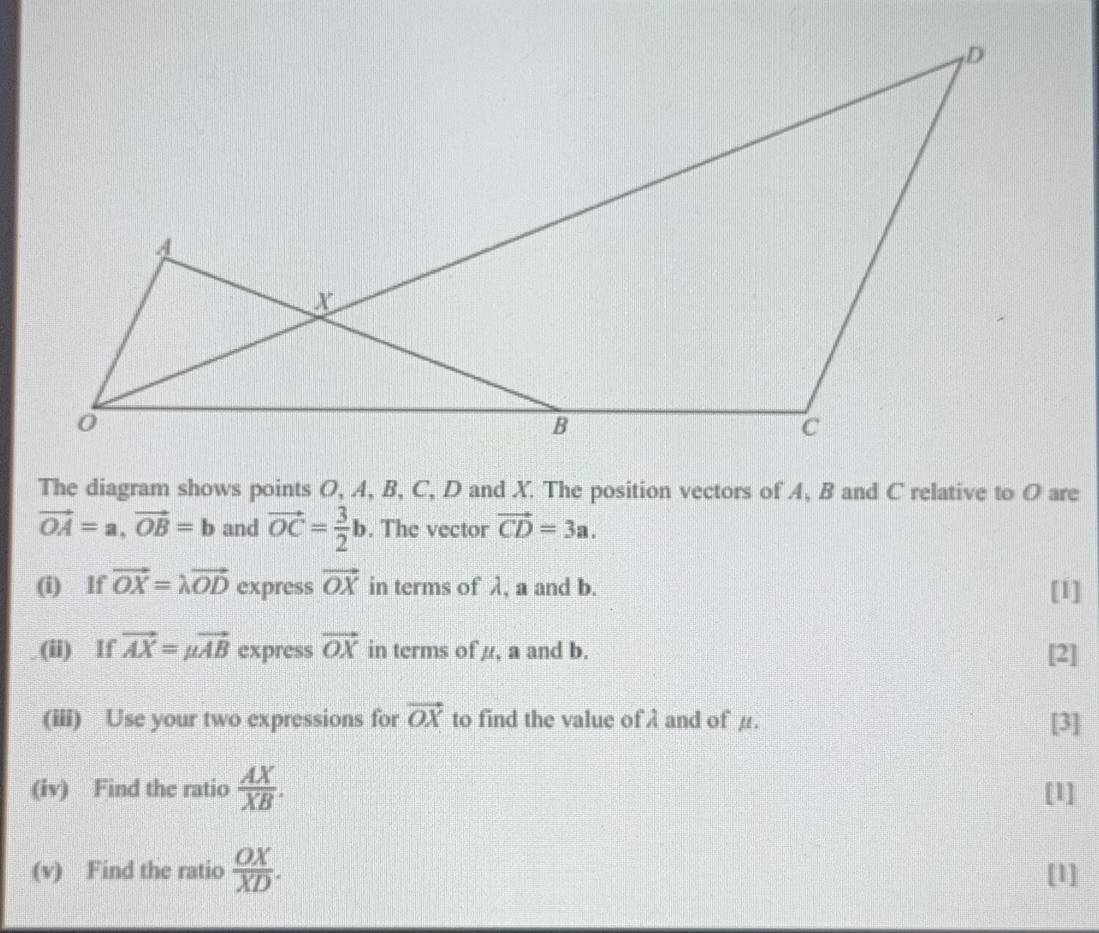 The diagram shows points O, A, B, C, D and X. The position vectors of A, B and C relative to O are
vector OA=a, vector OB=b and vector OC= 3/2 b. The vector vector CD=3a. 
(i) lf vector OX=lambda vector OD express vector OX in terms of λ, a and b. [1] 
(ii) If vector AX=mu vector AB express vector OX in terms of /, a and b. [2] 
(iii) Use your two expressions for vector OX to find the value of λ and of μ. [3] 
(iv) Find the ratio  AX/XB . [1] 
(v) Find the ratio  OX/XD . [1]