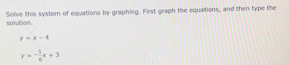 Solve this system of equations by graphing. First graph the equations, and then type the
solution.
y=x-4
y=- 1/6 x+3