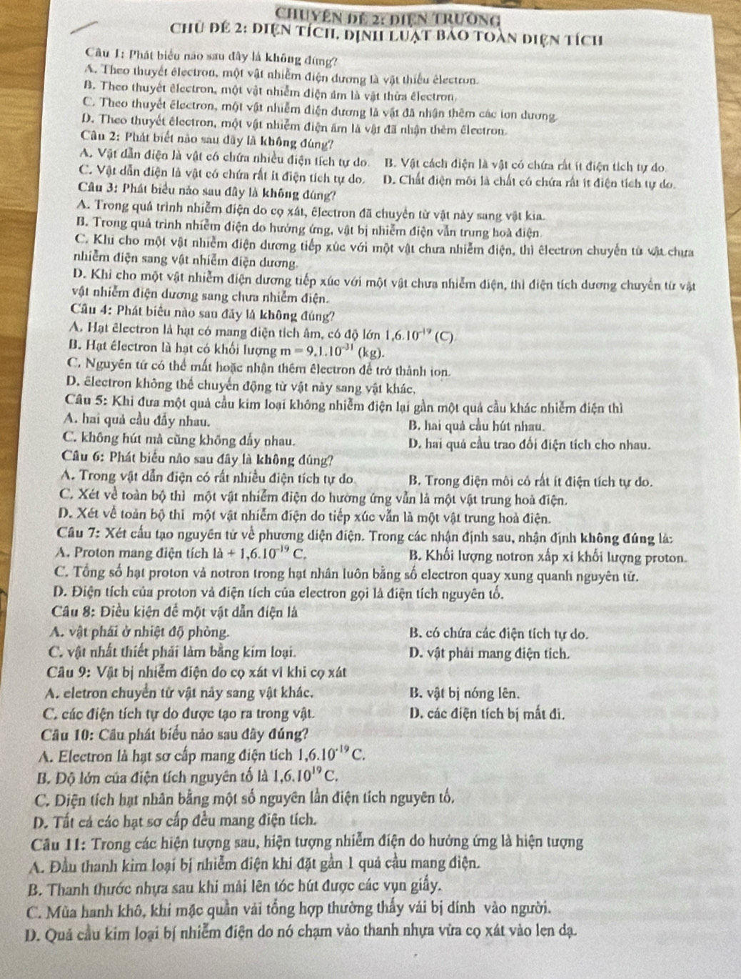 Chuyên đế 2: điện trường
Chủ để 2: điện tích, định luạt bảo toàn điện tích
Câu 1: Phát biểu não sau đây là không đứng?
A. Theo thuyết électron, một vật nhiễm điện dương là vật thiếu électron.
B. Theo thuyết êlectron, một vật nhiễm điện ám là vật thừa êlectron.
C. Theo thuyết électron, một vật nhiễm điện dương là vật đã nhận thêm các lon dương
D. Theo thuyết êlectron, một vật nhiễm điện âm là vật đã nhận thêm êlectron.
Câu 2: Phát biết nào sau đãy là không đúng?
A. Vật dẫn điện là vật có chứa nhiều điện tích tự do B. Vật cách điện là vật có chứa rất ít điện tích tự do.
C. Vật dẫn điện là vật có chứa rất ít điện tích tự do. D. Chất điện môi là chất có chứa rất ít điện tích tự do.
Câu 3: Phát biểu nǎo sau đây là không đúng?
A. Trong quá trình nhiễm điện do cọ xát, Electron đã chuyển từ vật này sang vật kia.
B. Trong quả trình nhiễm điện do hướng ứng, vật bị nhiễm điện vẫn trung hoà điện.
C. Khi cho một vật nhiễm điện dương tiếp xúc với một vật chưa nhiễm điện, thì êlectron chuyển từ vật chưa
nhiễm diện sang vật nhiễm điện dương.
D. Khi cho một vật nhiễm điện dương tiếp xúc với một vật chưa nhiễm điện, thi điện tích dương chuyến từ vật
vật nhiễm điện dương sang chưa nhiễm điện.
Câu 4: Phát biểu nào sau đãy là không đúng?
A. Hạt êlectron là hạt có mang điện tích âm, có độ lớn 1,6.10^(-19)(C)
B. Hạt électron là hạt có khối lượng m=9.1.10^(-31)(kg).
C. Nguyên tứ có thể mất hoặc nhận thêm êlectron để trở thành ion.
D. Electron không thể chuyến động từ vật này sang vật khác,
Câu 5: Khi đưa một quả cầu kim loại không nhiễm điện lại gần một quả cầu khác nhiễm điện thì
A. hai quả cầu đầy nhau. B. hai quả cầu hút nhau.
C. không hút mà cũng không đẩy nhau. D. hai quá cầu trao đối điện tích cho nhau.
Câu 6: Phát biểu nào sau đây là không đúng?
A. Trong vật dẫn điện có rất nhiều điện tích tự do B. Trong điện môi có rất ít điện tích tự do.
C. Xét về toàn bộ thì một vật nhiễm điện do hường ứng vẫn là một vật trung hoà điện.
D. Xét về toàn bộ thì một vật nhiễm điện do tiếp xúc vẫn là một vật trung hoà điện.
Cầu 7: Xét cấu tạo nguyên tử về phương diện điện. Trong các nhận định sau, nhận định không đúng là:
A. Proton mang điện tích ldot a+1,6.10^(-19)C. B. Khối lượng notron xấp xỉ khối lượng proton.
C. Tổng số hạt proton vả notron trong hạt nhân luôn bằng số electron quay xung quanh nguyên tử.
D. Điện tích của proton và điện tích của clectron gọi là điện tích nguyên tố.
Câu 8: Điều kiện để một vật dẫn điện là
A. vật phái ở nhiệt độ phòng. B. có chứa các điện tích tự do.
C. vật nhất thiết phải làm bằng kim loại. D. vật phải mang điện tích.
Câu 9: Vật bị nhiễm điện do cọ xát vì khi cọ xát
A. eletron chuyển tử vật nảy sang vật khác. B. vật bị nóng lên.
C. các điện tích tự do được tạo ra trong vật. D. các điện tích bị mất đi.
Câu 10: Cầu phát biểu nào sau đây đúng?
A. Electron là hạt sơ cấp mang điện tích 1,6.10^(-19)C.
B. Độ lớn của điện tích nguyên tố là 1,6.10^(19)C.
C. Diện tích hạt nhân bằng một số nguyên lằn điện tích nguyên tổ,
D. Tất cá các hạt sơ cấp đều mang điện tích.
Câu 11: Trong các hiện tượng sau, hiện tượng nhiễm điện do hưởng ứng là hiện tượng
A. Đầu thanh kim loại bị nhiễm điện khi đặt gần 1 quả cầu mang điện.
B. Thanh thước nhựa sau khi mài lên tóc hút được các vụn giấy.
C. Mùa hanh khô, khí mặc quần vải tổng hợp thường thấy vái bị dính vào người.
D. Quả cầu kim loại bị nhiễm điện do nó chạm vào thanh nhựa vửa cọ xát vào len dạ.