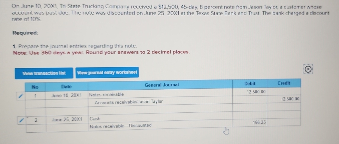 On June 10, 20X1, Tri-State Trucking Company received a $12,500, 45-day, 8 percent note from Jason Taylor, a customer whose 
account was past due. The note was discounted on June 25, 20X1 at the Texas State Bank and Trust. The bank charged a discount 
rate of 10%. 
Required: 
1. Prepare the journal entries regarding this note. 
Note: Use 360 days a year. Round your answers to 2 decimal places. 
View transaction list View journal entry worksheet