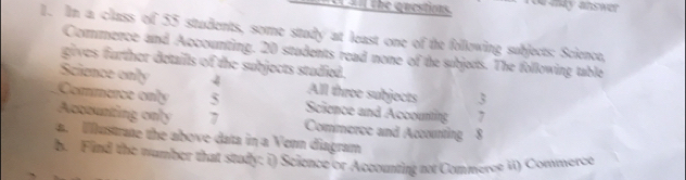 all the questias. a nay answer 
1. In a class of 55 students, some study at least one of the following subjects: Science, 
Commence and Accounting. 20 students read none of the subjods. The following table 
gives further details of the subjects studied. 
Science only 4 All three subjects 3
Commerce only 5 Science and Accounting 7
Accounting only 7 Commerce and Accounting 8 
a. Wustrate the above data in a Venn diagram 
b. Find the number that study: i) Science or Accounting not Commeret ii) Commerct