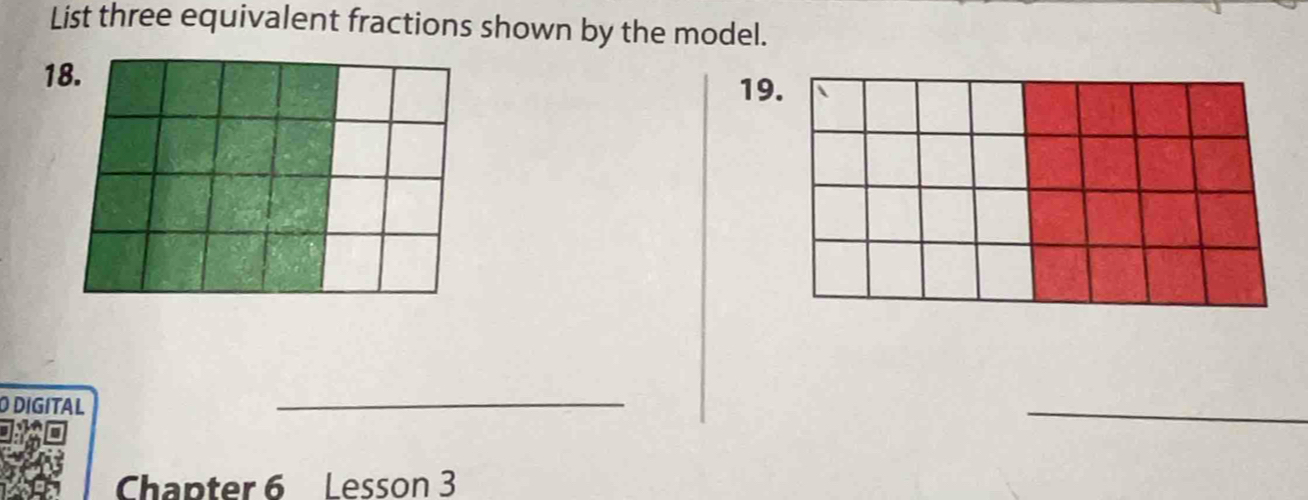 List three equivalent fractions shown by the model. 
18. 
19. 
O DIGITAL 
_ 
_ 
Chapter 6 Lesson 3