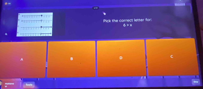 Pick the correct letter for:
6>x
A
B
D
C
Mahlena Tools