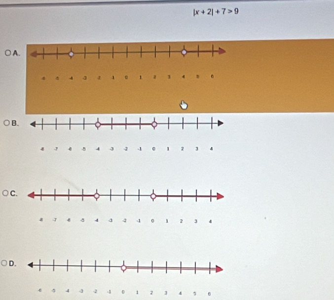 |x+2|+7>9
D.
6 -5 4 -2 -1 0 1 2 3 4 5