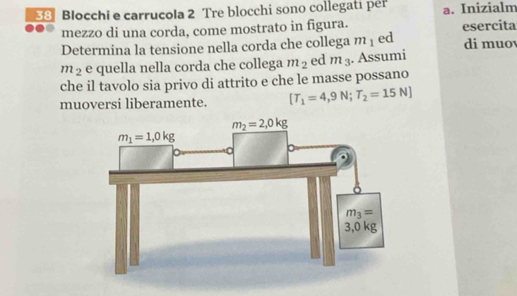 Blocchi e carrucola 2 Tre blocchi sono collegati per a. Inizialm
mezzo di una corda, come mostrato in figura. esercita
Determina la tensione nella corda che collega m_1 ed di muov
m_2 e quella nella corda che collega m_2 ed m_3. Assumi
che il tavolo sia privo di attrito e che le masse possano
muoversi liberamente.
[T_1=4,9N;T_2=15N]