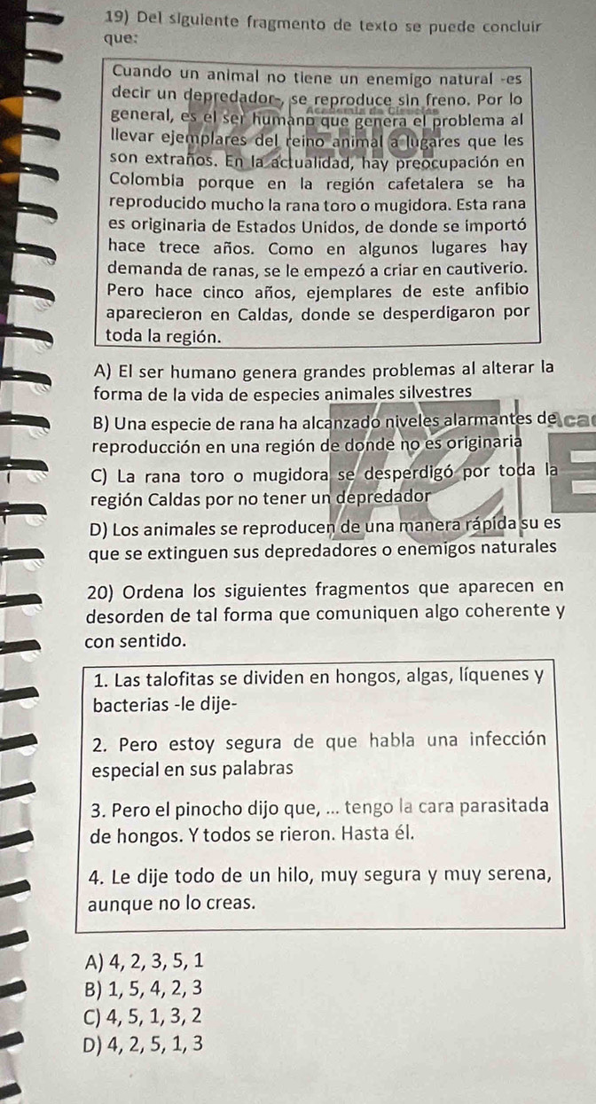 Del siguiente fragmento de texto se puede concluír
que:
Cuando un animal no tiene un enemigo natural -es
decir un depredador-, se reproduce sin freno. Por lo
general, es el ser humano que genera el problema al
llevar ejemplares del reino animal a lugares que les
son extraños. En la actualidad, hay preocupación en
Colombia porque en la región cafetalera se ha
reproducido mucho la rana toro o mugidora. Esta rana
es originaria de Estados Unidos, de donde se importó
hace trece años. Como en algunos lugares hay
demanda de ranas, se le empezó a criar en cautiverio.
Pero hace cinco años, ejemplares de este anfibio
aparecieron en Caldas, donde se desperdigaron por
toda la región.
A) El ser humano genera grandes problemas al alterar la
forma de la vida de especies animales silvestres
B) Una especie de rana ha alcanzado niveles alarmantes de  ca 
reproducción en una región de donde no es originaria
C) La rana toro o mugidora se desperdigó por toda la
región Caldas por no tener un depredador
D) Los animales se reproducen de una manera rápida su es
que se extinguen sus depredadores o enemigos naturales
20) Ordena los siguientes fragmentos que aparecen en
desorden de tal forma que comuniquen algo coherente y
con sentido.
1. Las talofitas se dividen en hongos, algas, líquenes y
bacterias -le dije-
2. Pero estoy segura de que habla una infección
especial en sus palabras
3. Pero el pinocho dijo que, ... tengo la cara parasitada
de hongos. Y todos se rieron. Hasta él.
4. Le dije todo de un hilo, muy segura y muy serena,
aunque no lo creas.
A) 4, 2, 3, 5, 1
B) 1, 5, 4, 2, 3
C) 4, 5, 1, 3, 2
D) 4, 2, 5, 1, 3