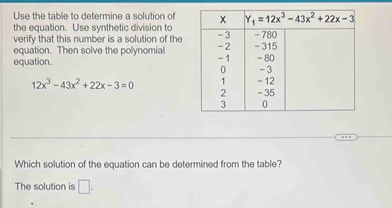 Use the table to determine a solution of
the equation. Use synthetic division to
verify that this number is a solution of the
equation. Then solve the polynomial
equation.
12x^3-43x^2+22x-3=0
Which solution of the equation can be determined from the table?
The solution is □ .