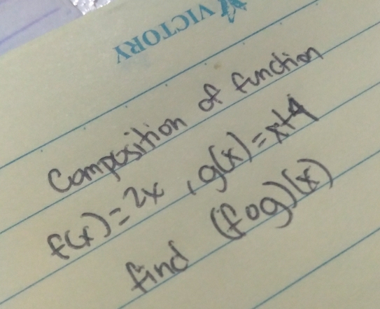 composition of funchis
f(x)=2x, g(x)=x+4
(fog)(x)
find