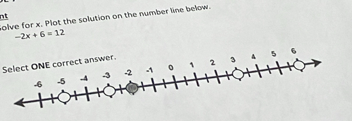 nt 
Solve for x. Plot the solution on the number line below.
-2x+6=12
Select ONE correct answer.