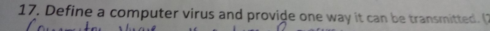 Define a computer virus and provide one way it can be transmitted. (2