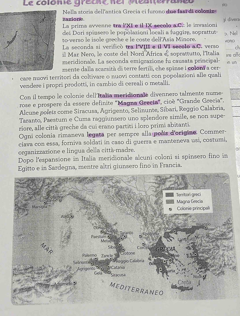 Le colonie grecne nel méaiterraned 1l0 
Nella storia dell’antica Grecia ci furono due fasi di coloniz- 
zazione. gi divers 
La prima avvenne tra l’XI e il IX secolo a.C.: le invasioni 
dei Dori spinsero le popolazioni locali a fuggire, soprattut- 5. Nel 
to verso le isole greche e le coste dell’Asia Minore. vano 
La seconda si verificò tra l'VIII e il VI secolo a.C. verso ch 
il Mar Nero, le coste del Nord Africa e, soprattutto, l’Italia re aff 
meridionale. La seconda emigrazione fu causata principal- )n un 
mente dalla scarsità di terre fertili, che spinse i coloni a cer- 
care nuovi territori da coltivare o nuovi contatti con popolazioni alle quali 
vendere i propri prodotti, in cambio di cereali o metalli. 
Con il tempo le colonie dell’Italia meridionale divennero talmente nume- 
rose e prospere da essere definite “Magna Grecia”, cioè “Grande Grecia”. 
Alcune poleis come Siracusa, Agrigento, Selinunte, Sibari, Reggio Calabria, 
Taranto, Paestum e Cuma raggiunsero uno splendore simile, se non supe- 
riore, alle città greche da cui erano partiti i loro primi abitanti. 
Ogni colonia rimaneva legata per sempre alla polis d'origine. Commer- 
ciava con essa, forniva soldati in caso di guerra e manteneva usi, costumi, 
organizzazione e lingua della città-madre. 
ar 
Dopo l’espansione in Italia meridionale alcuni coloni si spinsero fino in 
Egitto e in Sardegna, mentre altri giunsero fino in Francia.