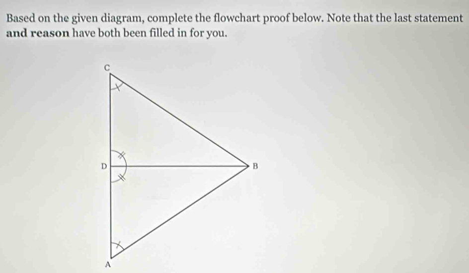 Based on the given diagram, complete the flowchart proof below. Note that the last statement 
and reason have both been filled in for you.