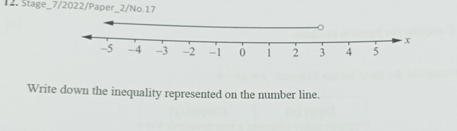 Stage_7/2022/Paper_2/No.17 
Write down the inequality represented on the number line.