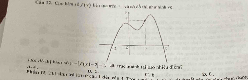 Cho hàm số f(x) liên tục trên và có đồ thị như hình vẽ.
Hỏi đồ thị hàm số y=|f(x)-2|-|x| cắt trục hoành tại bao nhiêu điểm?
A. 4. B. 2.
Phần II. Thí sinh trả lời từ câu 1 đến câu 4, Trong n C. 6. D. 0.
sinh chon đúng