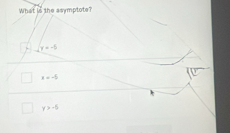 What is the asymptote?
y=-5
x=-5
y>-5