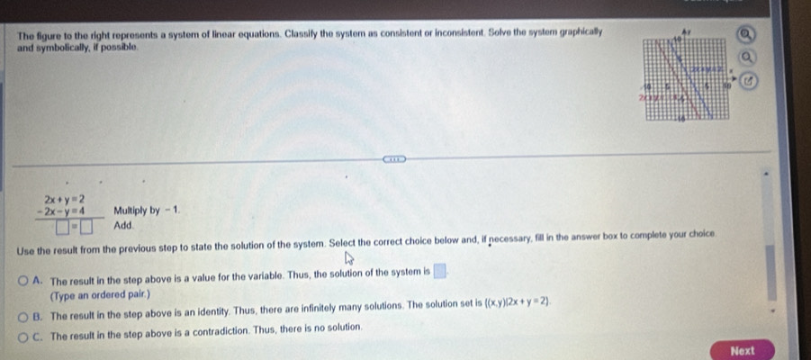 The figure to the right represents a system of linear equations. Classify the system as consistent or inconsistent. Solve the system graphically A
and symbolically, if possible.
%
2 4 y n 2
5 5
20
frac beginarrayr 2x+y=2 -2x-y=4endarray □ =□  Multiply by-1
Add.
Use the result from the previous step to state the solution of the system. Select the correct choice below and, if necessary, fill in the answer box to complete your choice
A. The result in the step above is a value for the variable. Thus, the solution of the system is □ 
(Type an ordered pair.)
B. The result in the step above is an identity. Thus, there are infinitely many solutions. The solution set is ((x,y)(2x+y=2).
C. The result in the step above is a contradiction. Thus, there is no solution.
Next