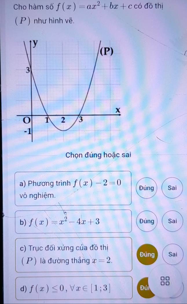 Cho hàm số f(x)=ax^2+bx+c có đồ thị 
(P) như hình vẽ. 
Chọn đúng hoặc sai 
a) Phương trình f(x)-2=0 Đúng Sai 
vô nghiệm. 
b) f(x)=x^2-4x+3 Đúng Sai 
c) Trục đối xứng của đồ thị 
Đúng Sai 
( P) là đường thẳng x=2. 
d) f(x)≤ 0 , ∀ x∈ [1;3] Đúi