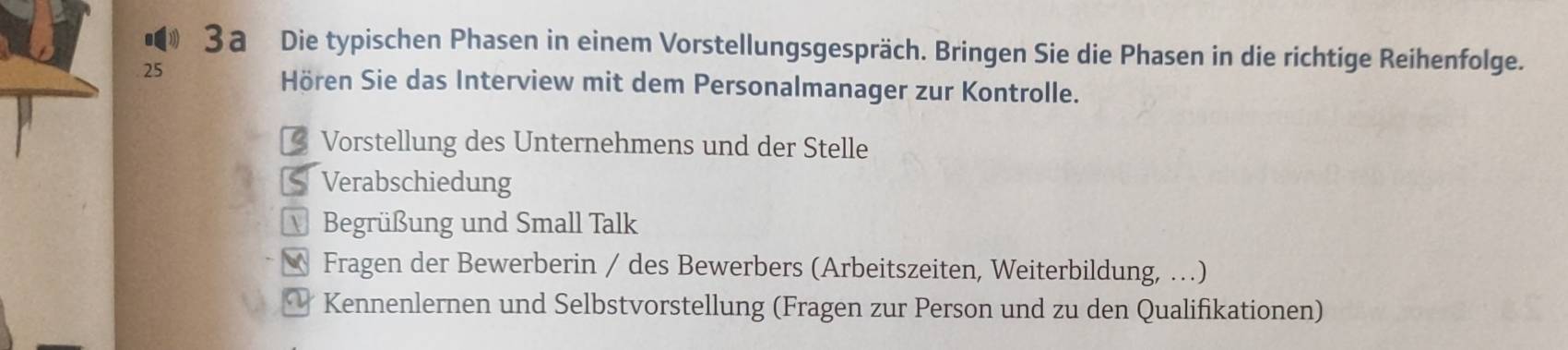 3a Die typischen Phasen in einem Vorstellungsgespräch. Bringen Sie die Phasen in die richtige Reihenfolge.
25
Hören Sie das Interview mit dem Personalmanager zur Kontrolle. 
Vorstellung des Unternehmens und der Stelle 
Verabschiedung 
Begrüßung und Small Talk 
* Fragen der Bewerberin / des Bewerbers (Arbeitszeiten, Weiterbildung, …) 
* Kennenlernen und Selbstvorstellung (Fragen zur Person und zu den Qualifikationen)