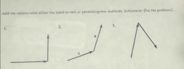 Add the vectors with either the head-to-tail or parallelogram methods (whichever fits the problem). 
2. 
3.