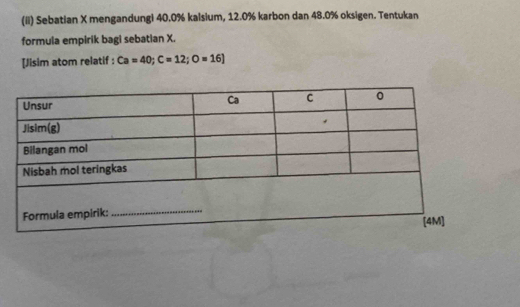 (ii) Sebatian X mengandungi 40.0% kalsium, 12.0% karbon dan 48.0% oksigen. Tentukan 
formula empirik bagi sebatian X. 
[Jisim atom relatif : Ca=40; C=12;O=16]