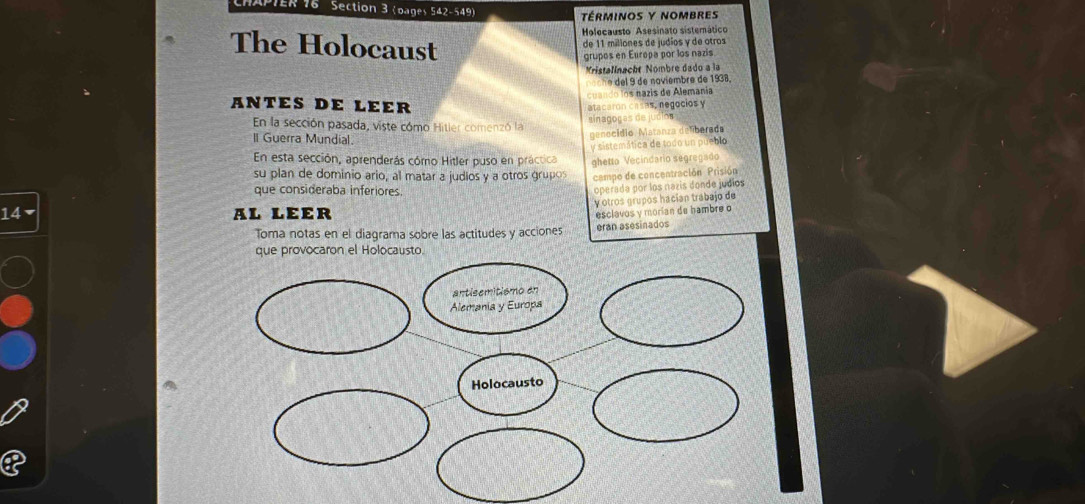 TER 16 Section 3 (pages 542-549) 
Términos y nombres 
Holecausto Asesinato sistemático 
The Holocaust 
de 11 miliones de judios y de otros 
grupos en Europa por los nazis 
Kristallnacht Nombre dado a la 
º del 9 de naviembre de 1938. 
cuando los nazis de Alemanía 
ANTES DE LEER 
atacaron casas, negocios y 
En la sección pasada, viste cómo Hitler comenzó la sinagogas de judios 
Il Guerra Mundial. 
genocídio. Matanza defiberada 
y sistemática de todo un pueblo 
En esta sección, aprenderás cómo Hitler puso en práctica ghetto Vecindario segregado 
su plan de dominio ario, al matar a judios y a otros grupo campo de concentración Prisión 
que consideraba inferiores. 
operada por los nazís donde judíos 
y otros grupos hacían trabajo de 
14 AL LEER 
Toma notas en el diagrama sobre las actitudes y acciones eran asesinados esclavos y morian de hambre o 
que provocaron el Holocausto.