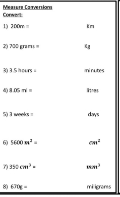 Measure Conversions
Co
1) 
2) 
3) 
4) 
5) 
6) 
7) 
8)