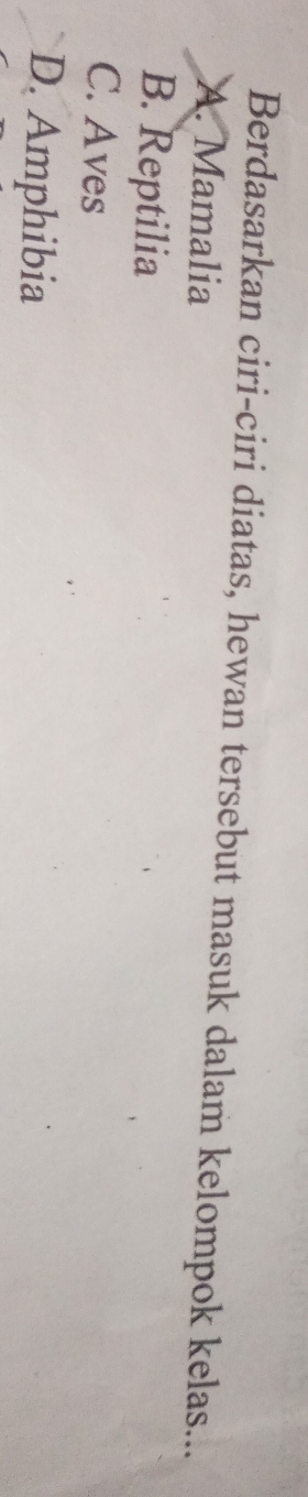 Berdasarkan ciri-ciri diatas, hewan tersebut masuk dalam kelompok kelas...
A. Mamalia
B. Reptilia
C. Aves
D. Amphibia