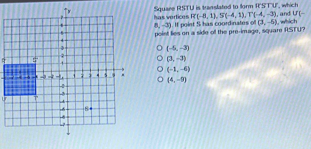 Square RSTU is translated to form R'S'T'U', which
has vertices R'(-8,1),S'(-4,1),T'(-4,-3) , and U'(−
. If point S has coordinates of (3,-5) , which
8,-3)
point lies on a side of the pre-image, square RSTU?
(-5,-3)
(3,-3)
(-1,-6)
(4,-9)