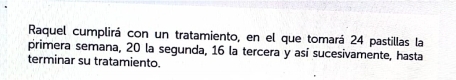 Raquel cumplirá con un tratamiento, en el que tomará 24 pastillas la 
primera semana, 20 la segunda, 16 la tercera y así sucesivamente, hasta 
terminar su tratamiento.