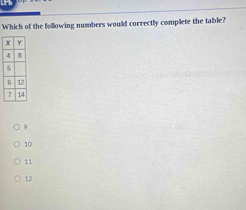 Which of the following numbers would correctly complete the table?
9
10
11
12