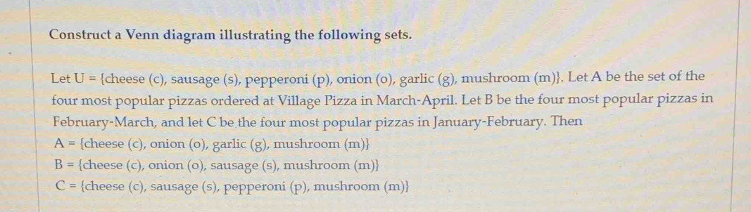 Construct a Venn diagram illustrating the following sets. 
Let U= cheese (c), sausage (s), pepperoni (p), onion (o), garlic (g), mushroom (m). Let A be the set of the 
four most popular pizzas ordered at Village Pizza in March-April. Let B be the four most popular pizzas in 
February-March, and let C be the four most popular pizzas in January-February. Then
A= cheese (c), onion (o), garlic (g), mushroom (m)
B= cheese (c), onion (o), sausage (s), mushroom (m)
C= cheese (c), sausage (s), pepperoni (p), mushroom (m)