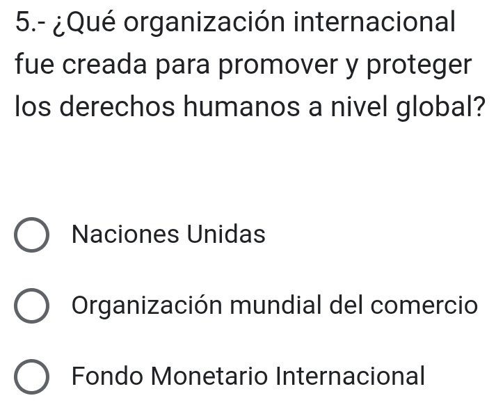 5.- ¿Qué organización internacional
fue creada para promover y proteger
los derechos humanos a nivel global?
Naciones Unidas
Organización mundial del comercio
Fondo Monetario Internacional