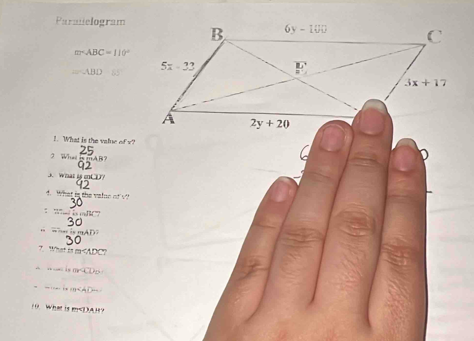 Paraelogram
m
=ABD85
1. What is the value of x?
2 What AB 7 
3. What is mCD?
4. overline Mhotis the value of 
:
? What m
m
m
10. What is m∠ DAB