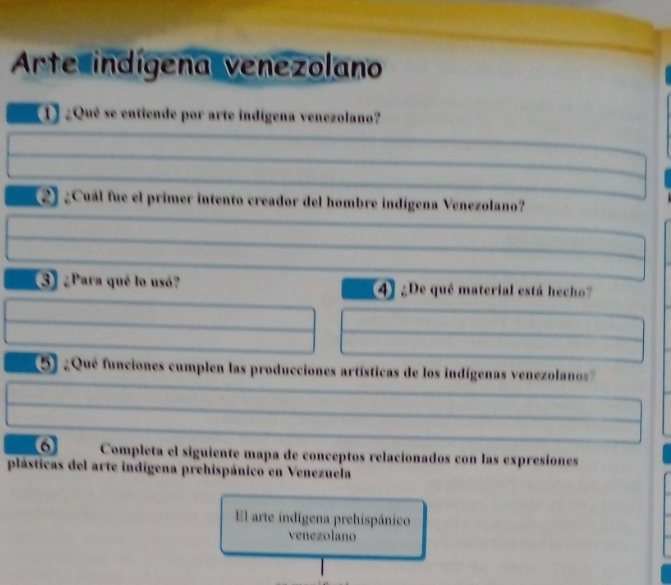 Arte indígena venezolano 
1) ¿Qué se entiende por arte indígena venezolano? 
2) ¿Cuál fue el primer intento creador del hombre indígena Venezolano? 
3) ¿Para qué lo usó? 4) ¿De qué material está hecho? 
5 ¿ Qué funciones cumplen las producciones artísticas de los indígenas venezolanos 
6 Completa el siguiente mapa de conceptos relacionados con las expresiones 
plásticas del arte indígena prehispánico en Venezuela 
El arte indígena prehispánico 
venezolano