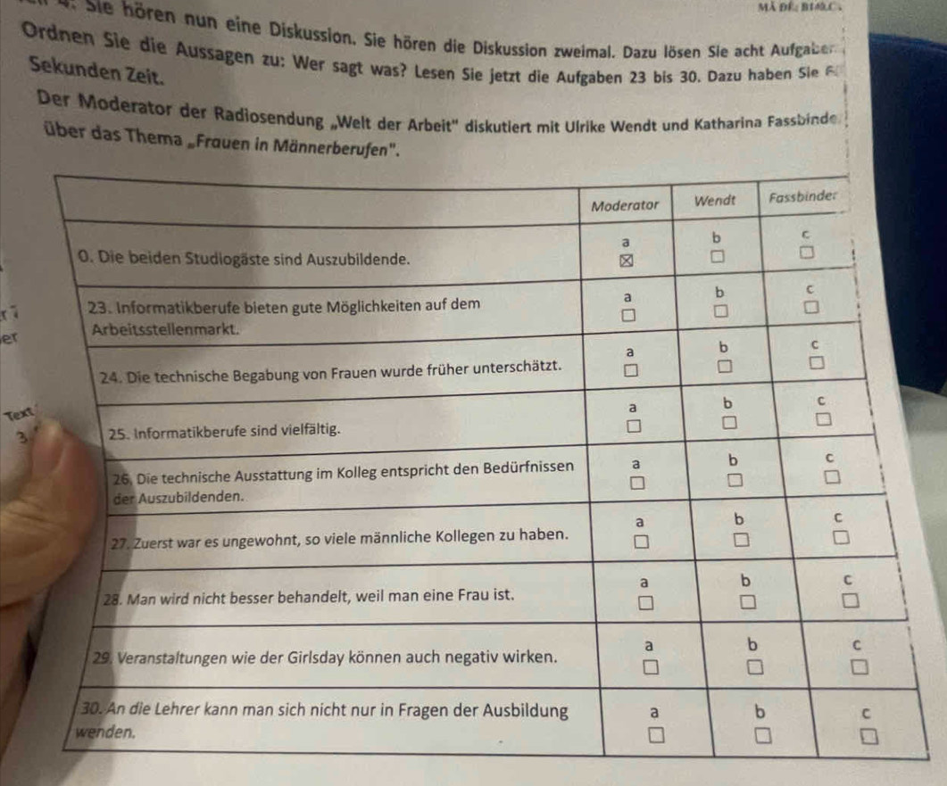 Sie hören nun eine Diskussion. Sie hören die Diskussion zweimal. Dazu lösen Sie acht Aufgaber 
Ordnen Sie die Aussagen zu: Wer sagt was? Lesen Sie jetzt die Aufgaben 23 bis 30. Dazu haben Sie 
Sekunden Zeit. 
Der Moderator der Radiosendung „Welt der Arbeit'' diskutiert mit Ulrike Wendt und Katharina Fassbinde 
über das Thema „Frauen in Männerberufen". 
er 
Text 
3