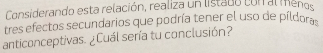 Considerando esta relación, realiza un listado con al menos 
tres efectos secundarios que podría tener el uso de píldoras 
anticonceptivas. ¿Cuál sería tu conclusión?