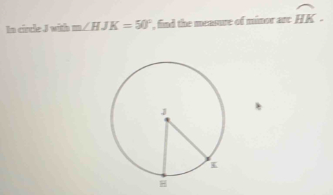 In circle J with n 7 ∠ HJK=50° , find the measue of minor are overline HK.