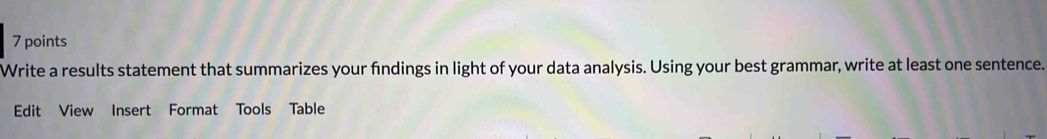 Write a results statement that summarizes your findings in light of your data analysis. Using your best grammar, write at least one sentence. 
Edit View Insert Format Tools Table