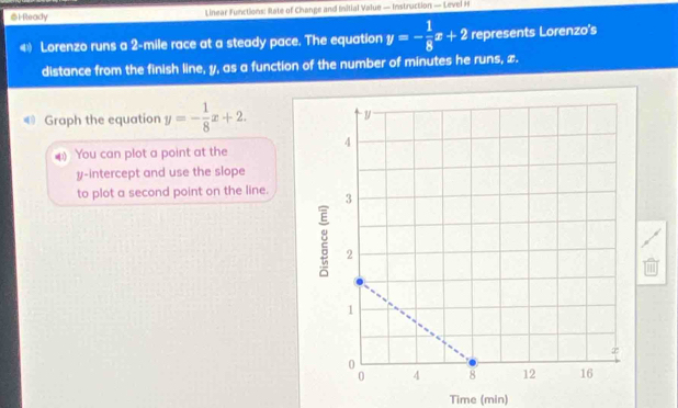 ⑤l Ready Linear Functions: Rate of Change and Initial Value — Instruction — Level H
4 Lorenzo runs a 2-mile race at a steady pace. The equation y=- 1/8 x+2 represents Lorenzo's
distance from the finish line, y, as a function of the number of minutes he runs, z.
€ Graph the equation y=- 1/8 x+2. 
You can plot a point at the
y-intercept and use the slope
to plot a second point on the line.
Time (min)