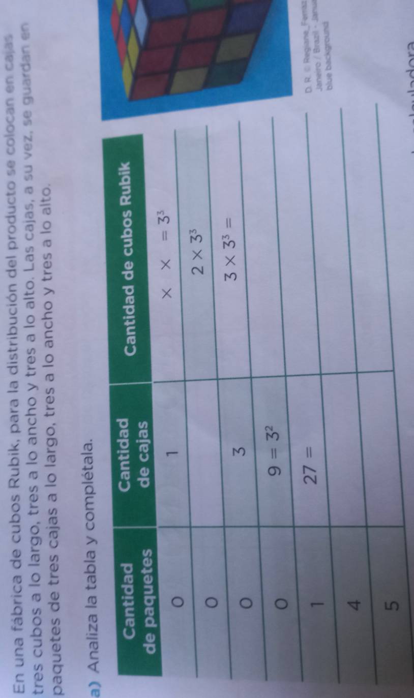 En una fábrica de cubos Rubik, para la distribución del producto se colocan en cajas
tres cubos a lo largo, tres a lo ancho y tres a lo alto. Las cajas, a su vez, se guardan en
paquetes de tres cajas a lo largo, tres a lo ancho y tres a lo alto.
a)naliza la tabla y complétala.
ne_Ferraz
zil - Janua
ound