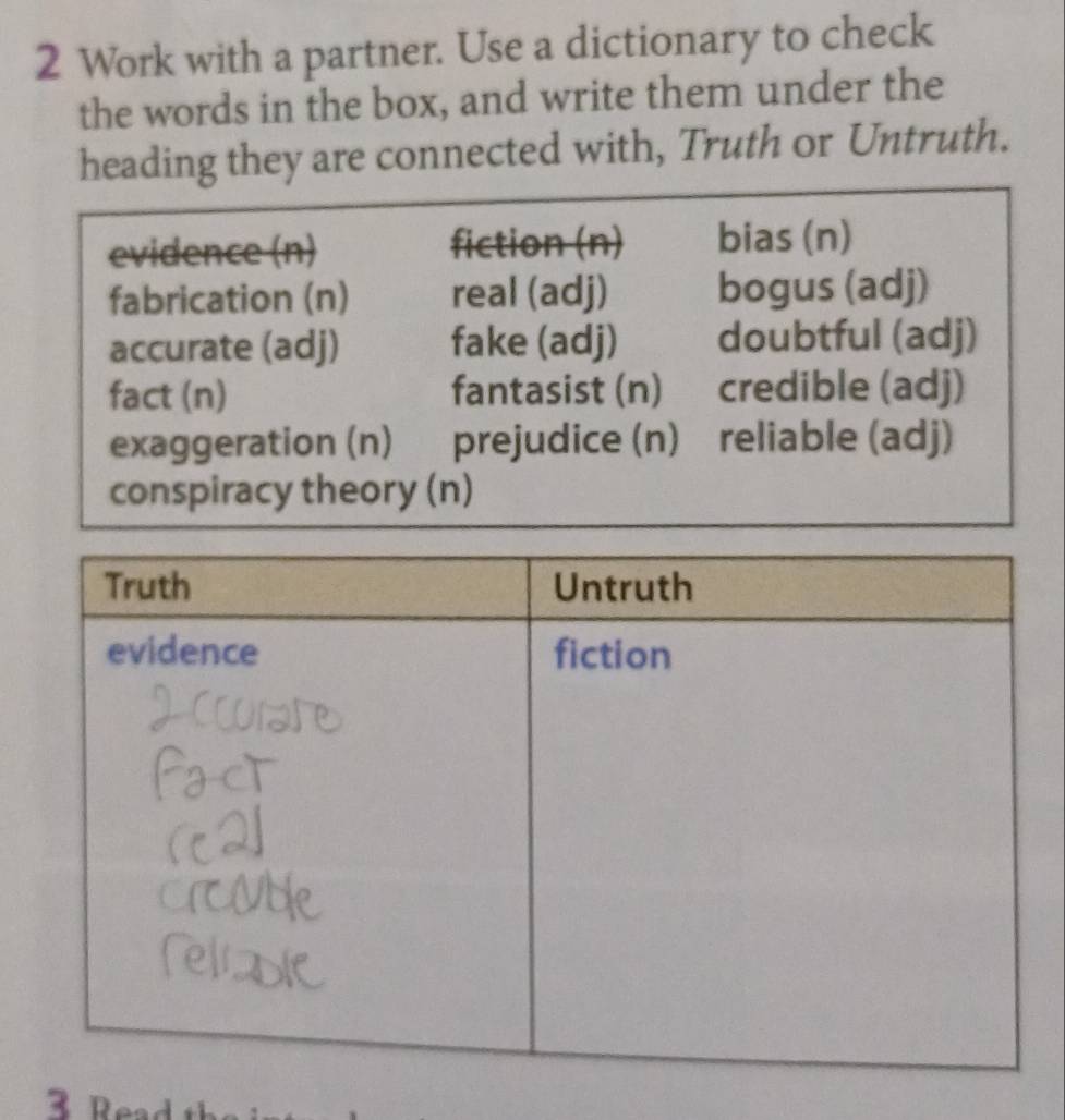 Work with a partner. Use a dictionary to check 
the words in the box, and write them under the 
heading they are connected with, Truth or Untruth.